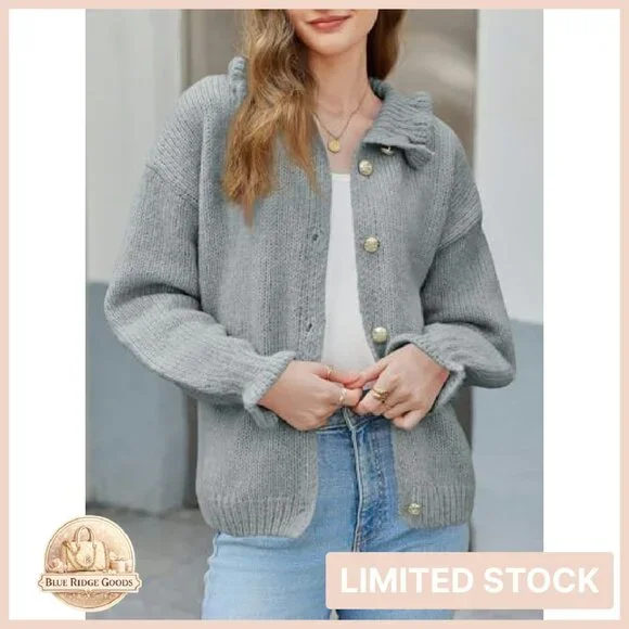 Oversized Ribbed Knit Cardigan Ruffle Neckline Open Front Chic Fall Sweater